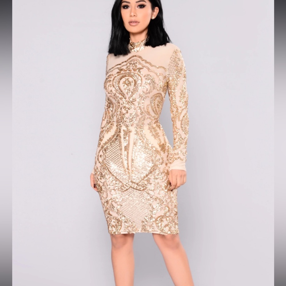 Fashion nova sequín Dress Sheer Golden size M